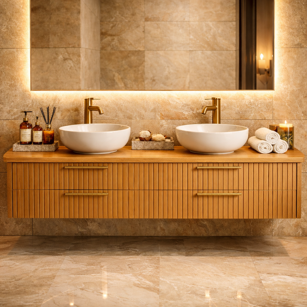 Floating Bathroom Vanity with Fluted Wood Front and Four Drawer Storage Design