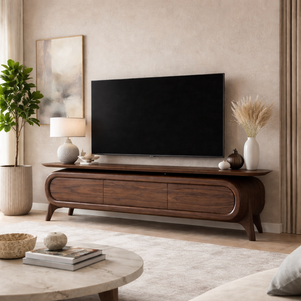 Solid Wood TV Stand with Rounded Frame Design and Three Drawer Media Storage