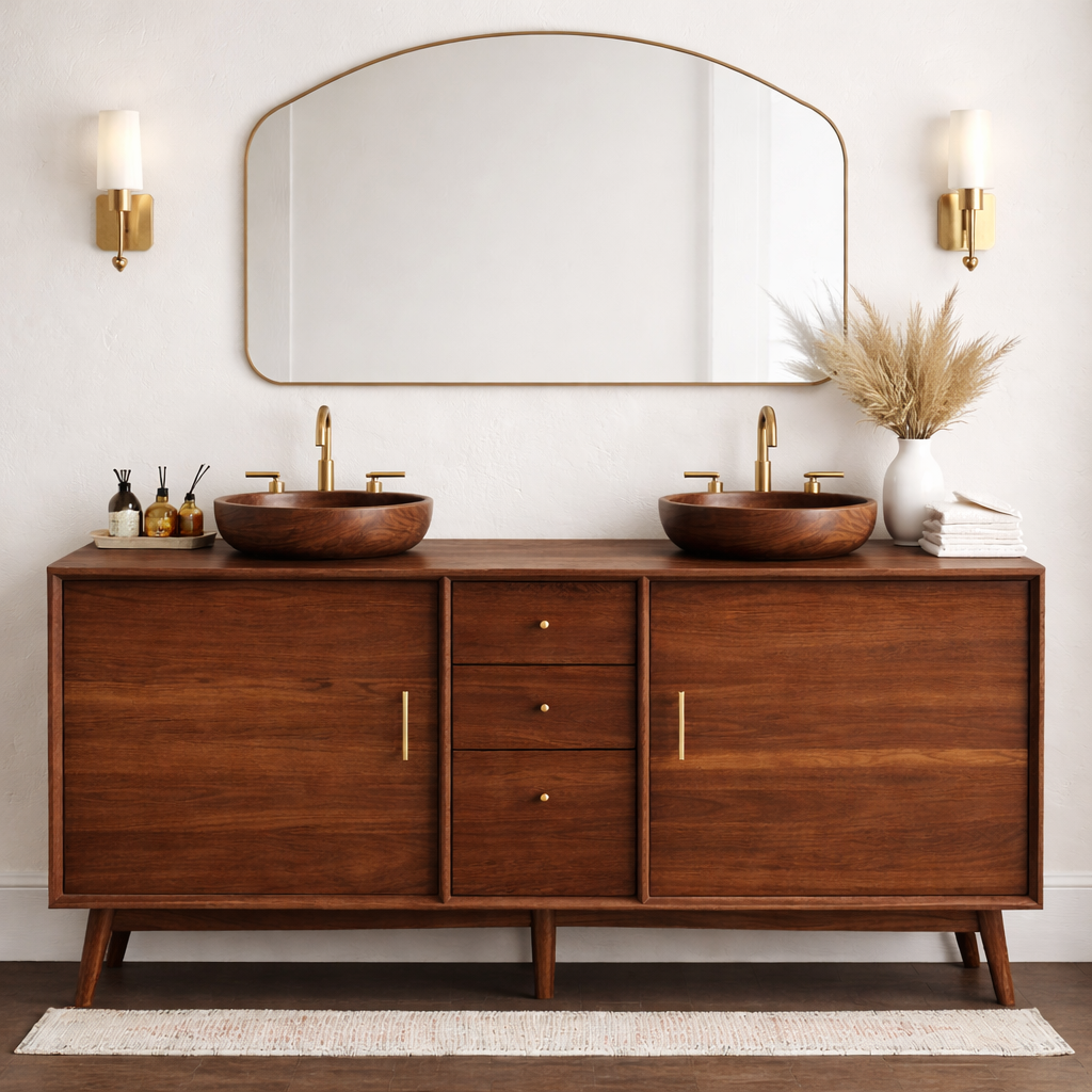 Solid Wood Bathroom Vanity with Mid Century Legs, Center Drawers and Double Cabinet Doors