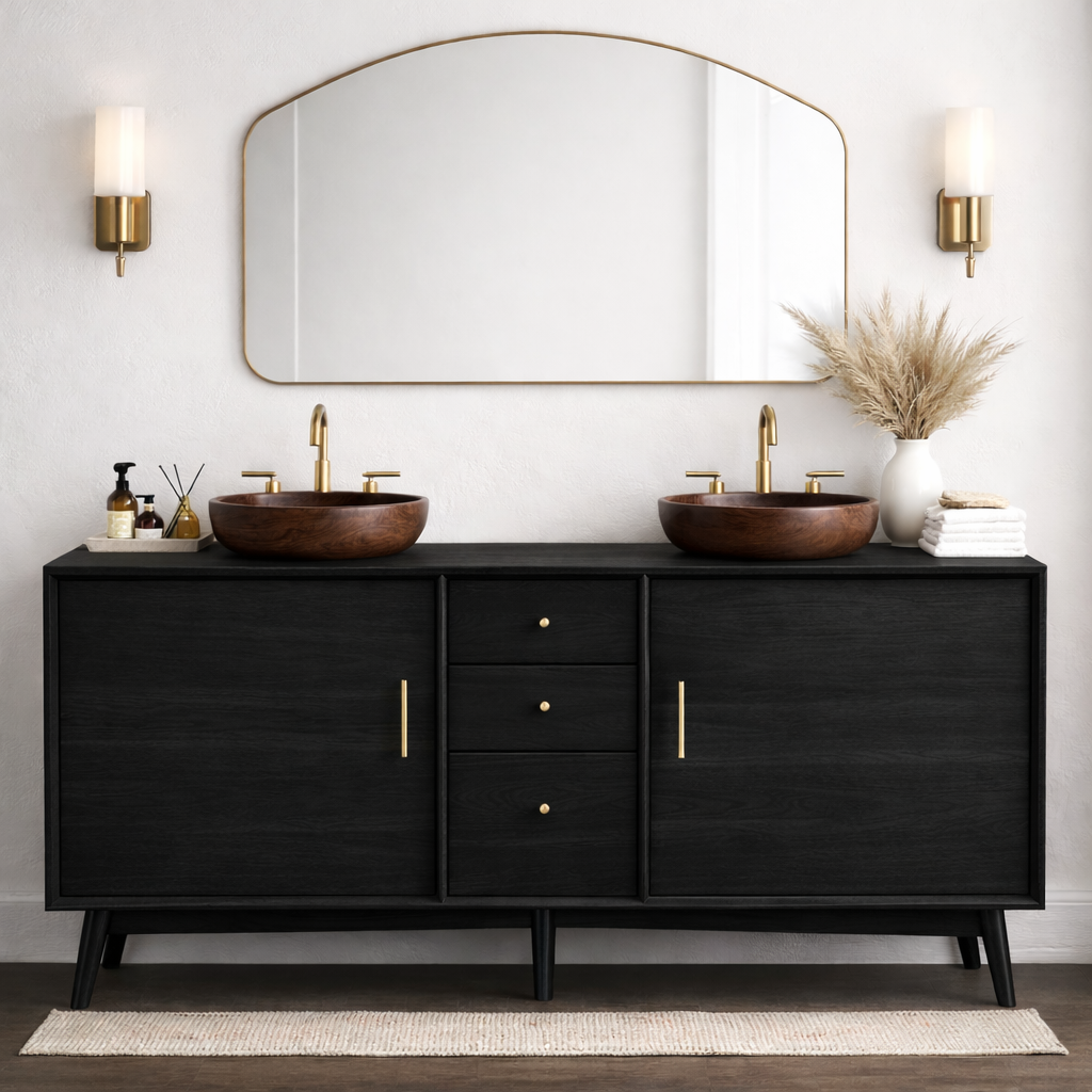 Solid Wood Bathroom Vanity with Mid Century Legs, Center Drawers and Double Cabinet Doors