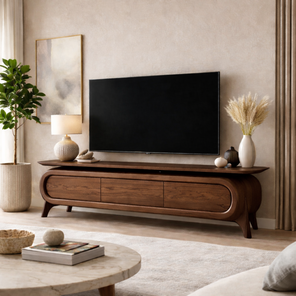 Solid Wood TV Stand with Rounded Frame Design and Three Drawer Media Storage