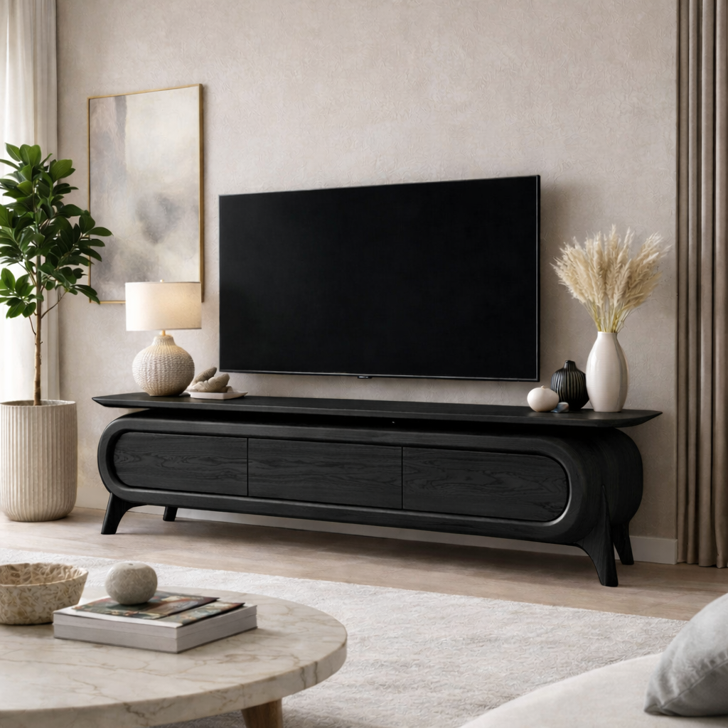 Solid Wood TV Stand with Rounded Frame Design and Three Drawer Media Storage