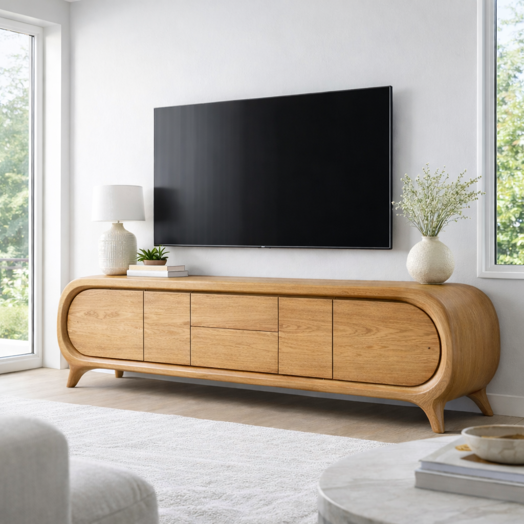 Solid Wood TV Stand with Rounded Edge Frame and Multi Door Media Storage Cabinet