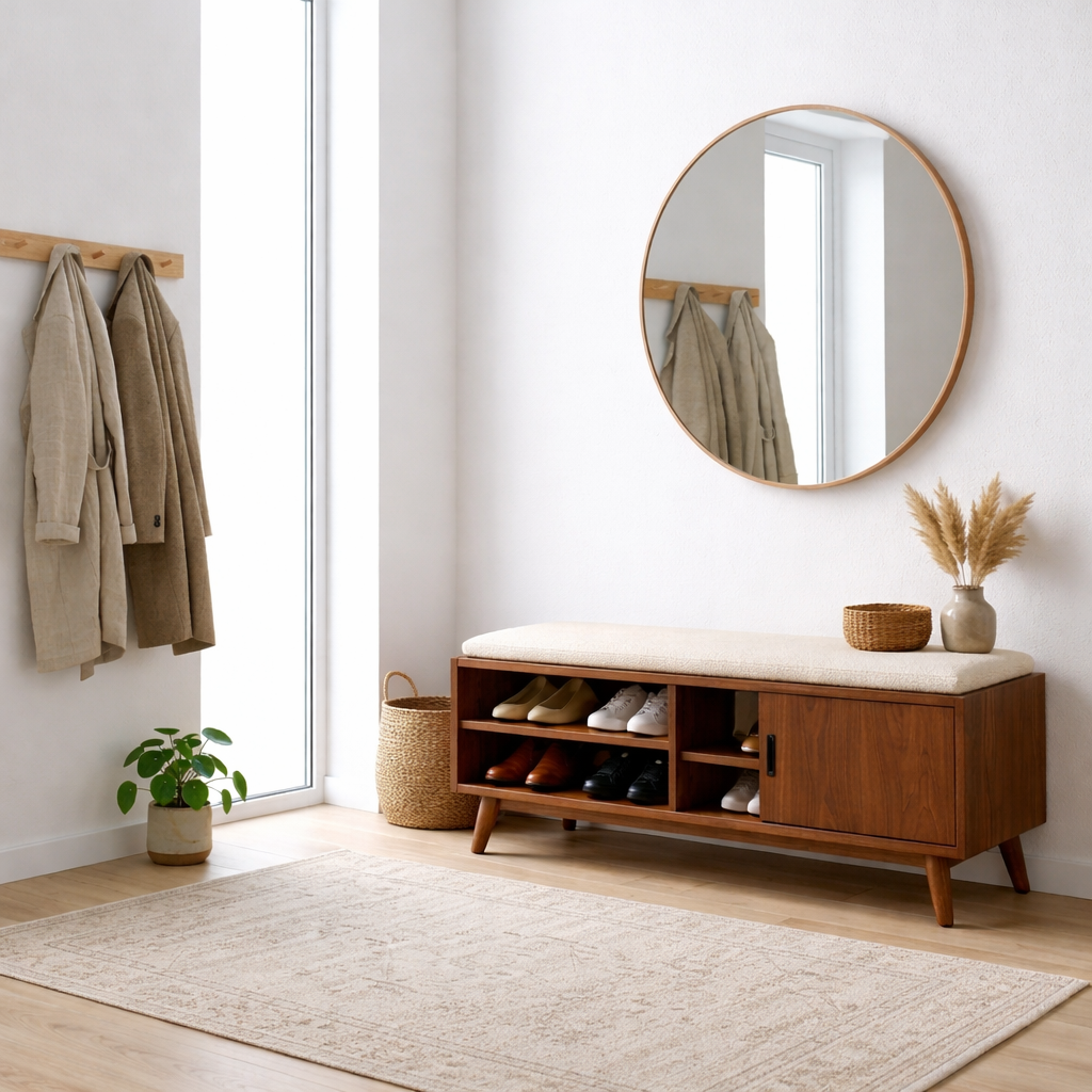 Solid Wood Shoe Storage Bench with Open Shelves and Side Cabinet Entryway Bench