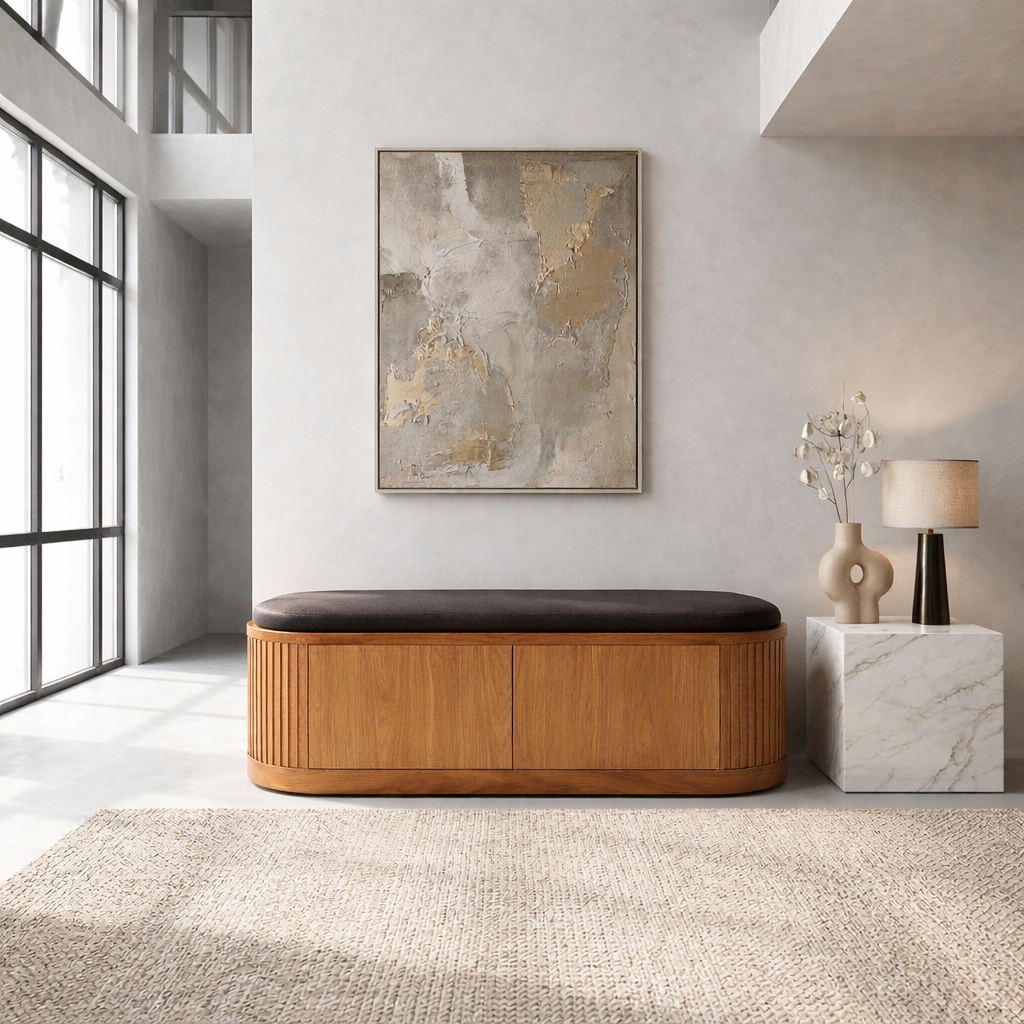 Solid Wood Shoe Storage Bench with Fluted Sides and Hidden Cabinet Entryway Bench