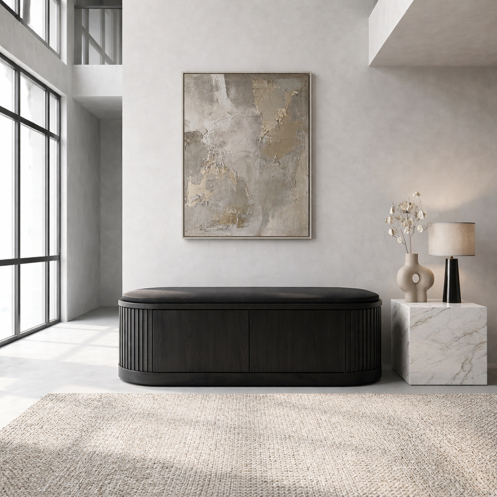 Solid Wood Shoe Storage Bench with Fluted Sides and Hidden Cabinet Entryway Bench