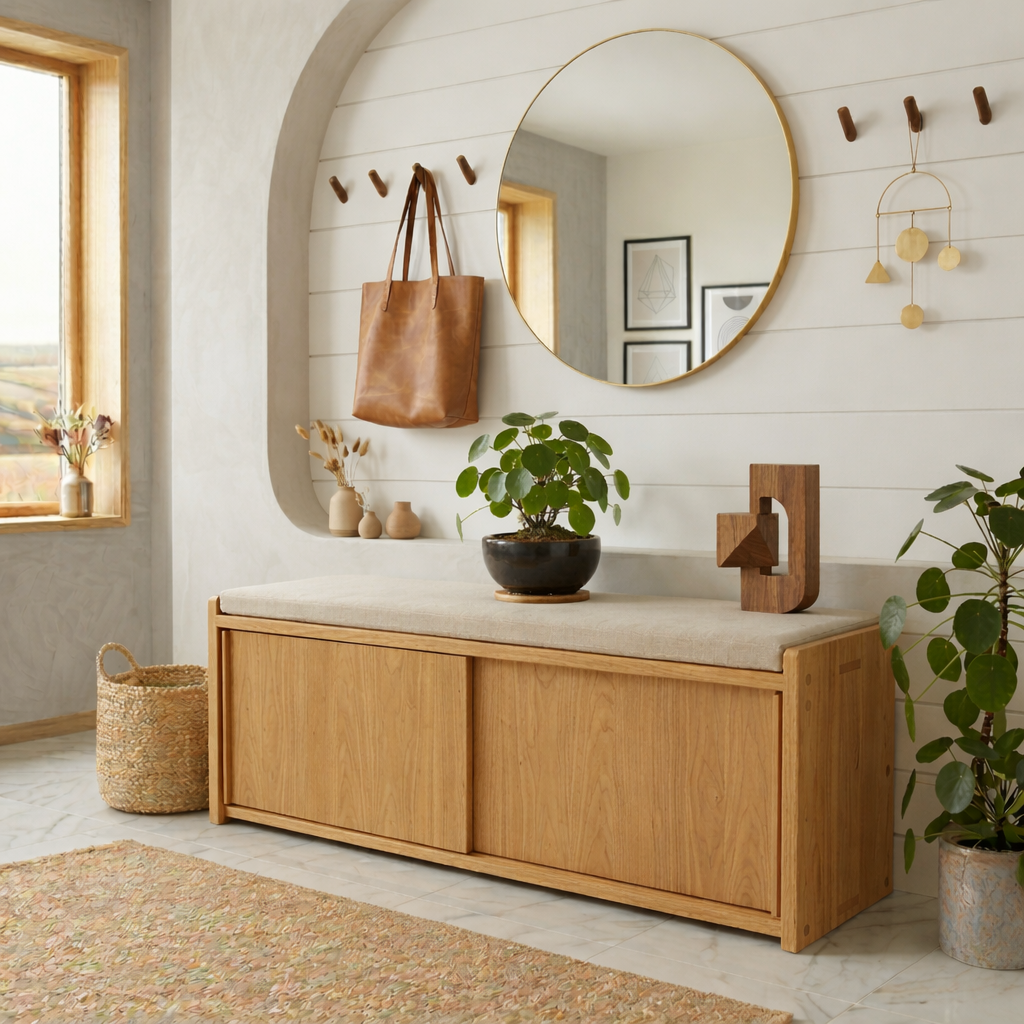 Minimalist Solid Wood Shoe Storage Bench – Sliding Door Entryway Bench Cabinet