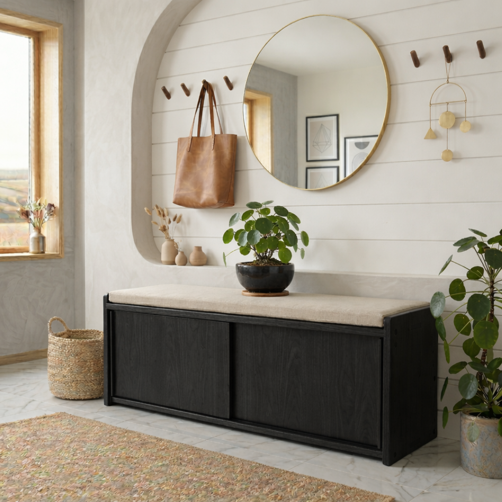 Minimalist Solid Wood Shoe Storage Bench – Sliding Door Entryway Bench Cabinet