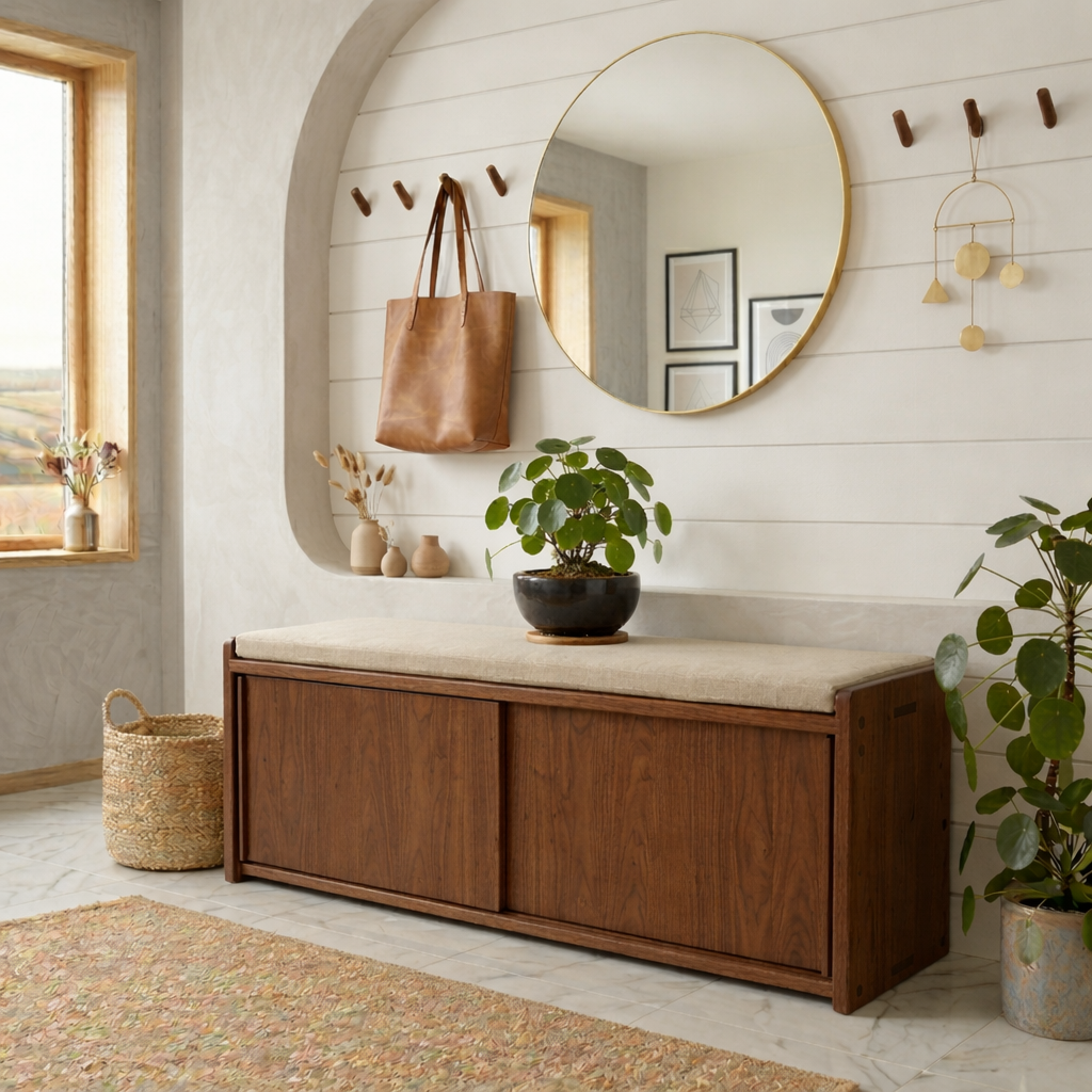 Minimalist Solid Wood Shoe Storage Bench – Sliding Door Entryway Bench Cabinet