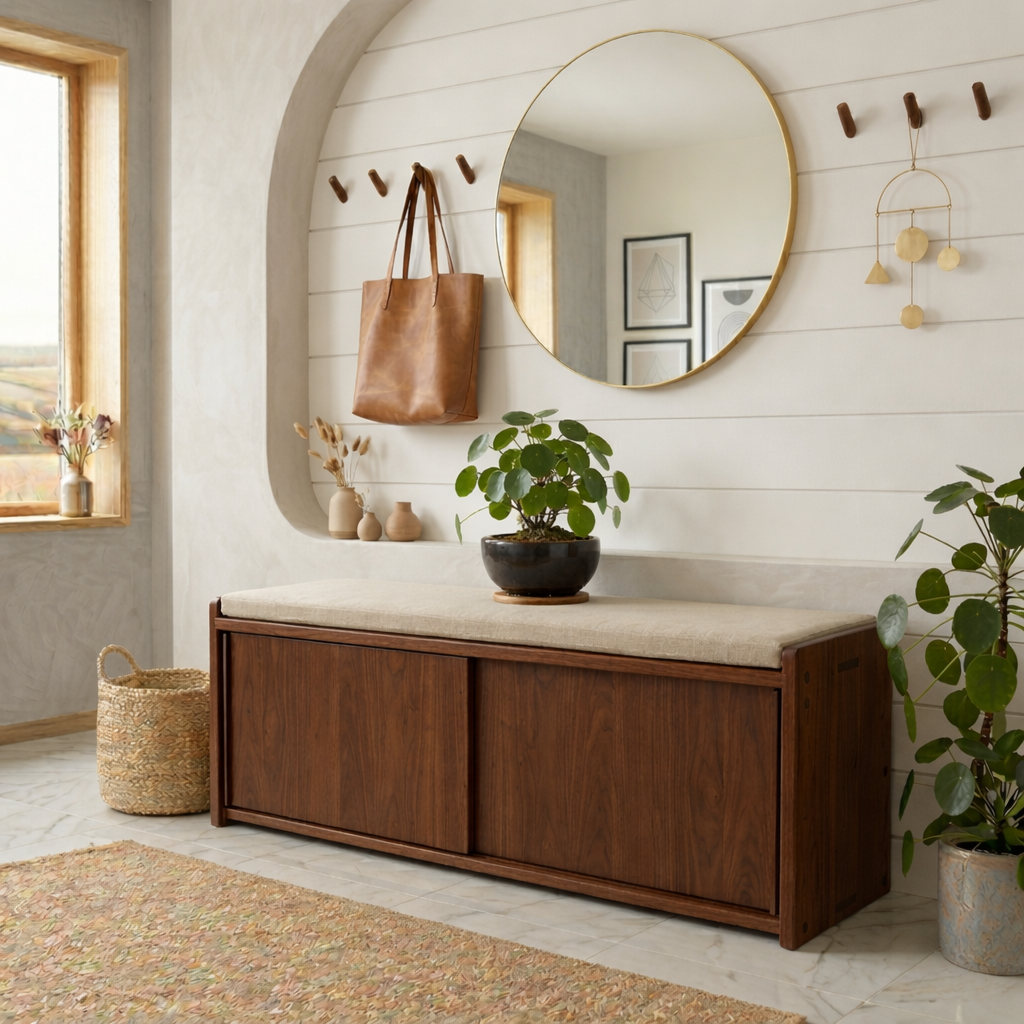 Minimalist Solid Wood Shoe Storage Bench – Sliding Door Entryway Bench Cabinet