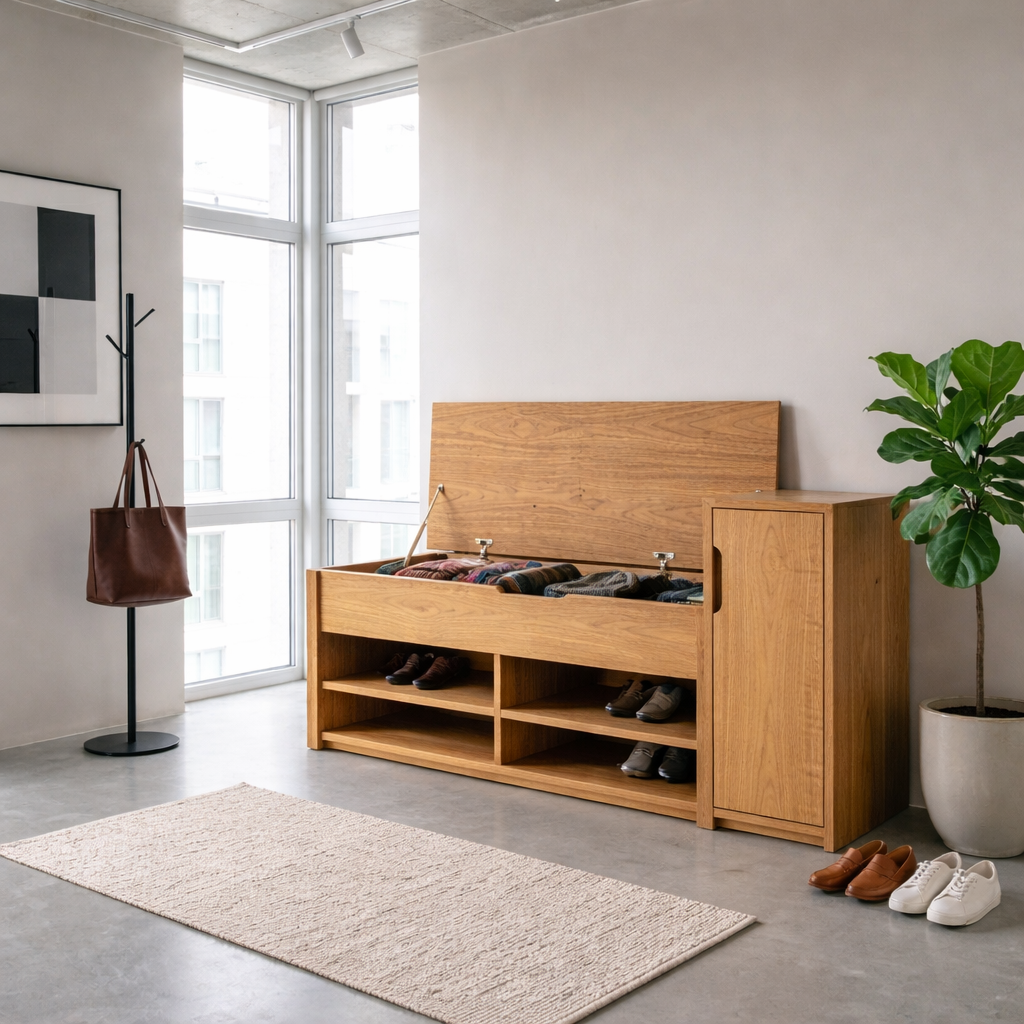 Solid Wood Shoe Storage Bench with Lift Top & Side Cabinet – Entryway Storage Bench