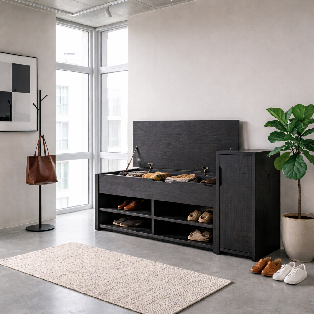Solid Wood Shoe Storage Bench with Lift Top & Side Cabinet – Entryway Storage Bench