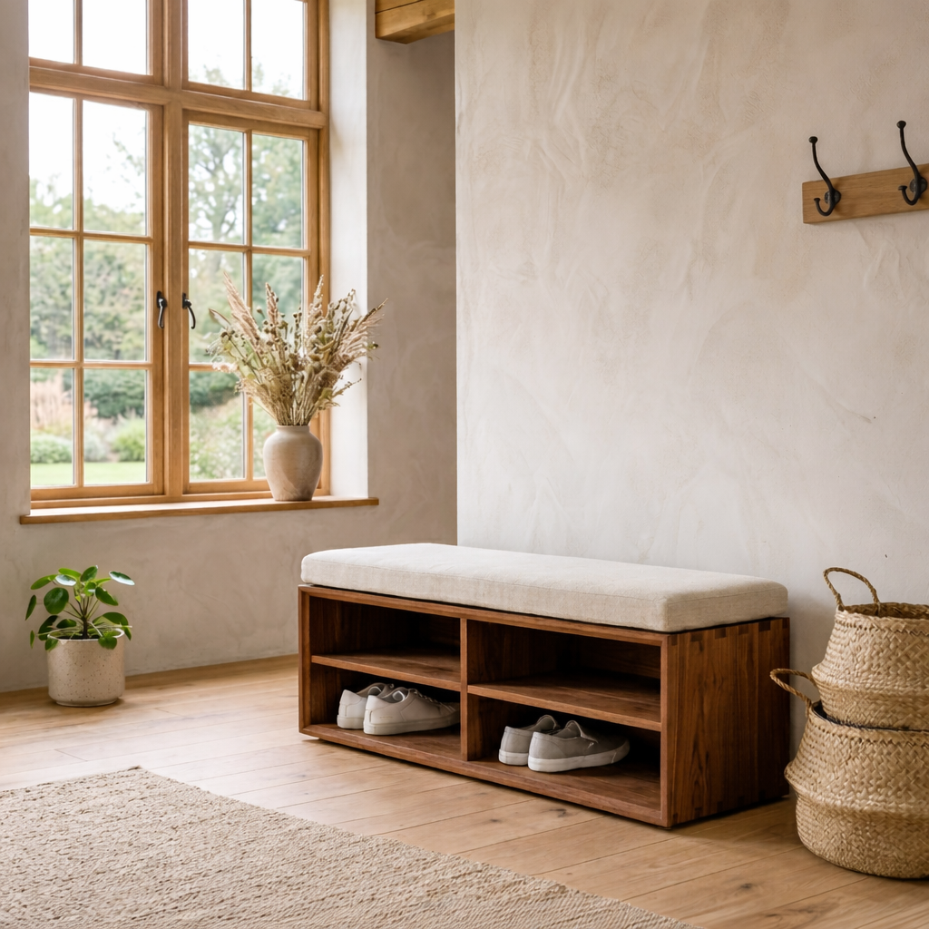 Solid Wood Shoe Storage Bench with Open Shelves – Minimalist Entryway Shoe Bench