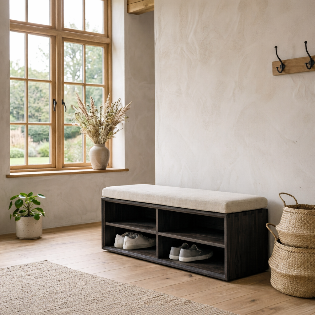 Solid Wood Shoe Storage Bench with Open Shelves – Minimalist Entryway Shoe Bench