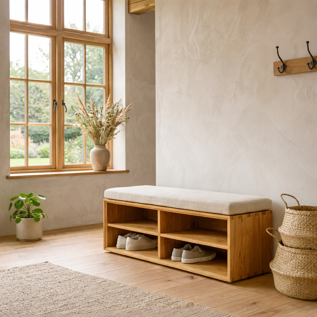 Solid Wood Shoe Storage Bench with Open Shelves – Minimalist Entryway Shoe Bench