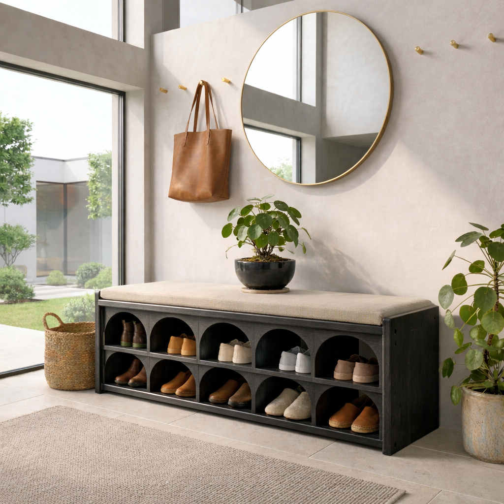 Solid Wood Shoe Storage Bench with Arched Cubby Shelves – Entryway Shoe Bench