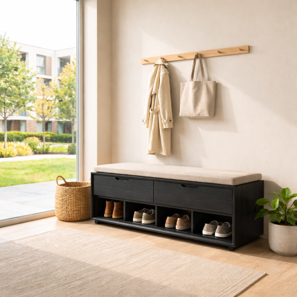 Solid Wood Shoe Storage Bench with Drawers & Open Shelves – Entryway Shoe Bench