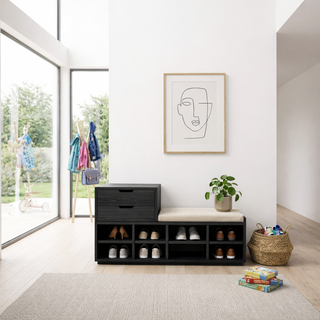 Solid Wood Shoe Storage Bench with Drawers & Cubby Shelves – Entryway Shoe Bench