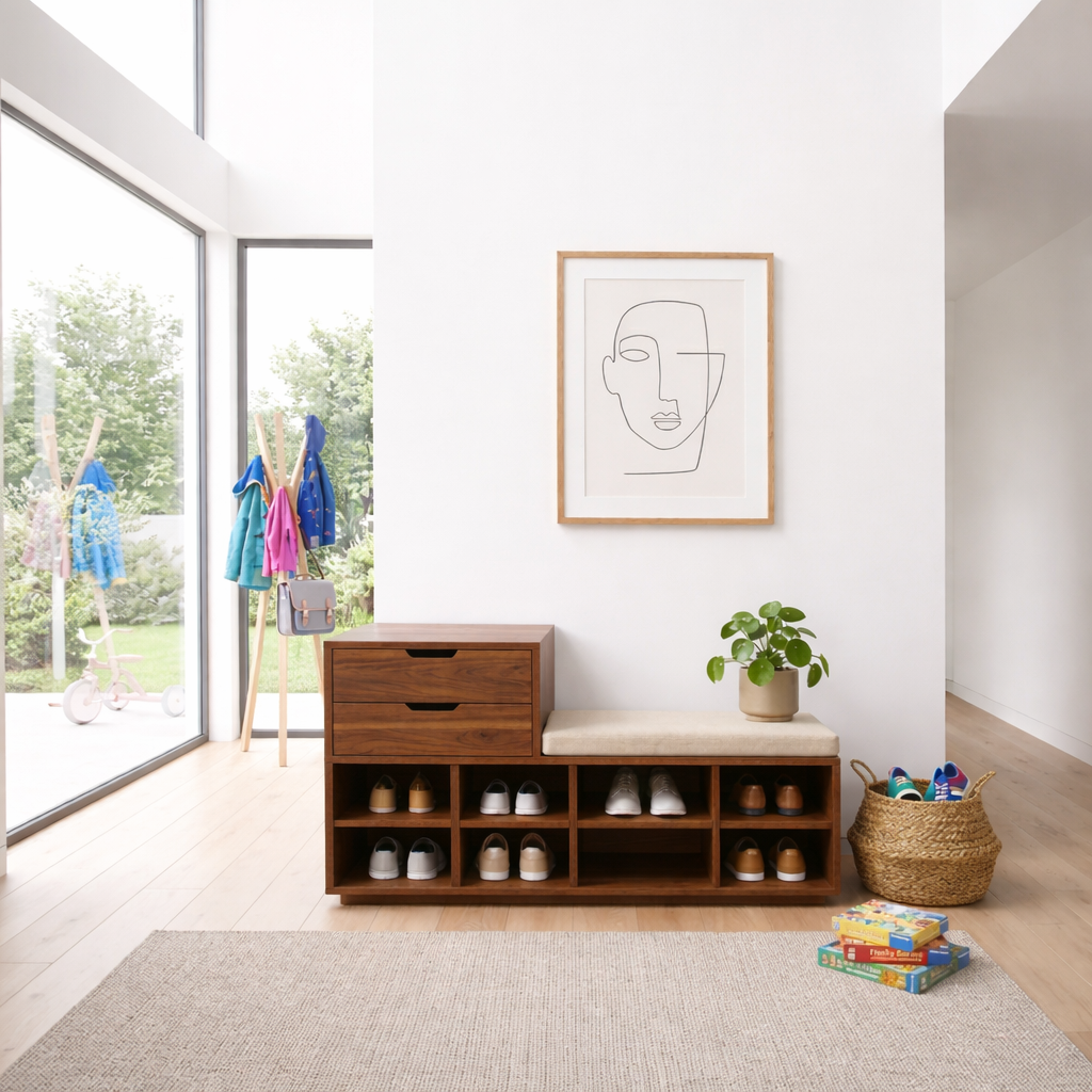 Solid Wood Shoe Storage Bench with Drawers & Cubby Shelves – Entryway Shoe Bench
