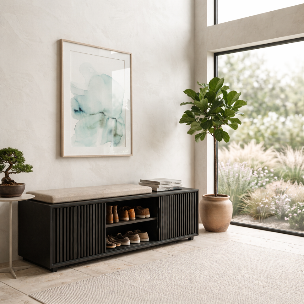 Solid Wood Shoe Storage Bench with Slatted Doors & Open Shelf – Modern Entryway Bench