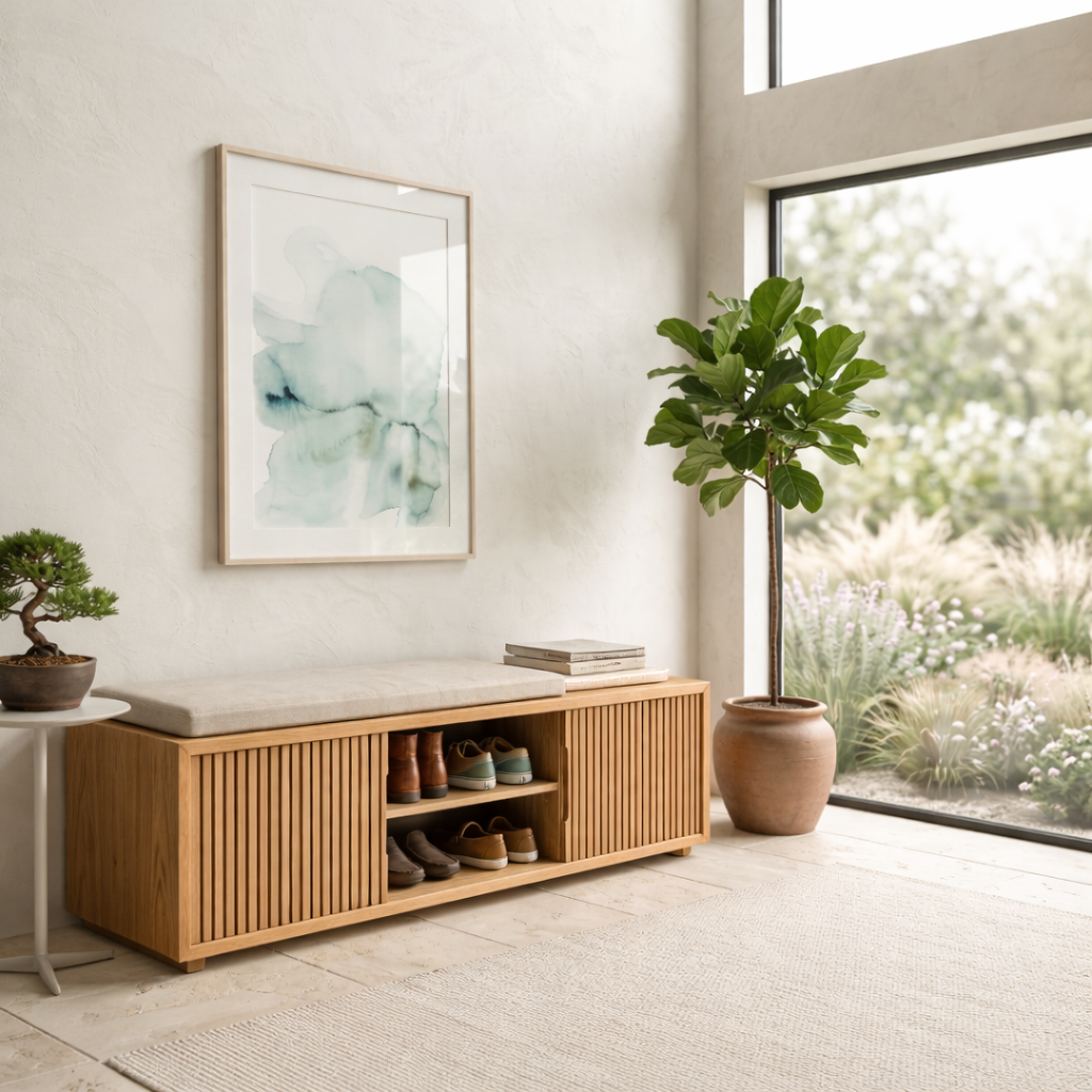 Solid Wood Shoe Storage Bench with Slatted Doors & Open Shelf – Modern Entryway Bench
