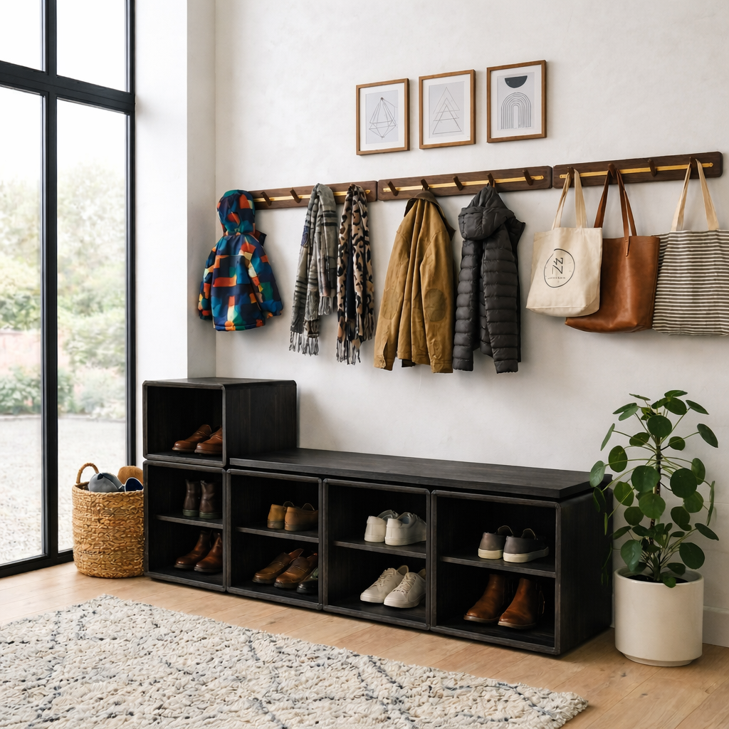 Modular Solid Wood Shoe Storage Bench with Open Cubby Shelves – Entryway Shoe Bench