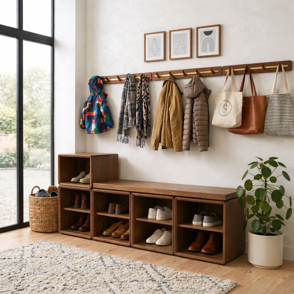 Modular Solid Wood Shoe Storage Bench with Open Cubby Shelves – Entryway Shoe Bench