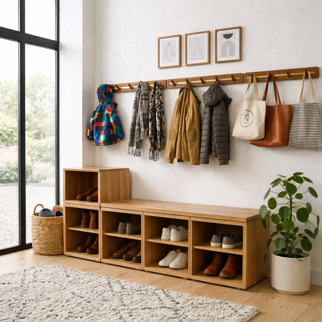 Modular Solid Wood Shoe Storage Bench with Open Cubby Shelves – Entryway Shoe Bench
