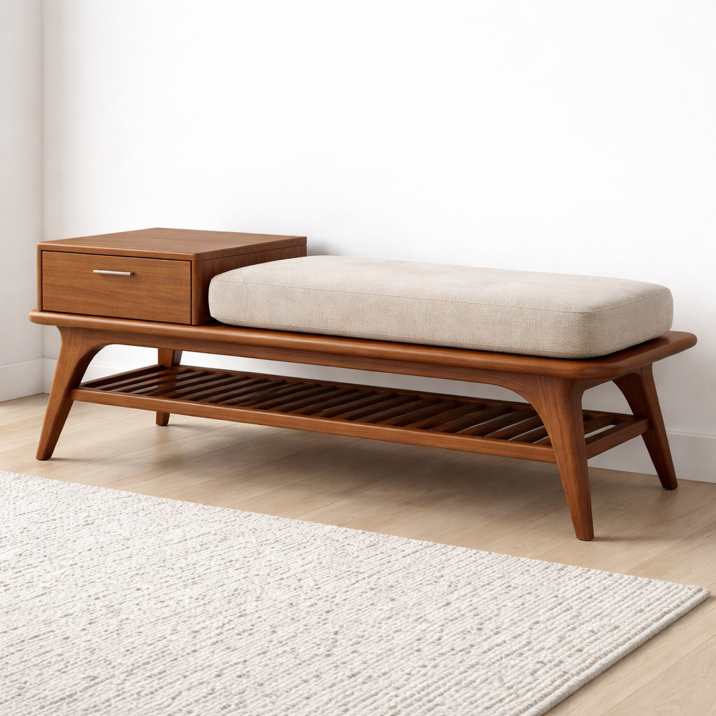 Mid-Century Solid Wood Shoe Storage Bench with Drawer and Open Shelf