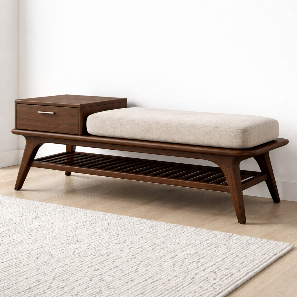 Mid-Century Solid Wood Shoe Storage Bench with Drawer and Open Shelf