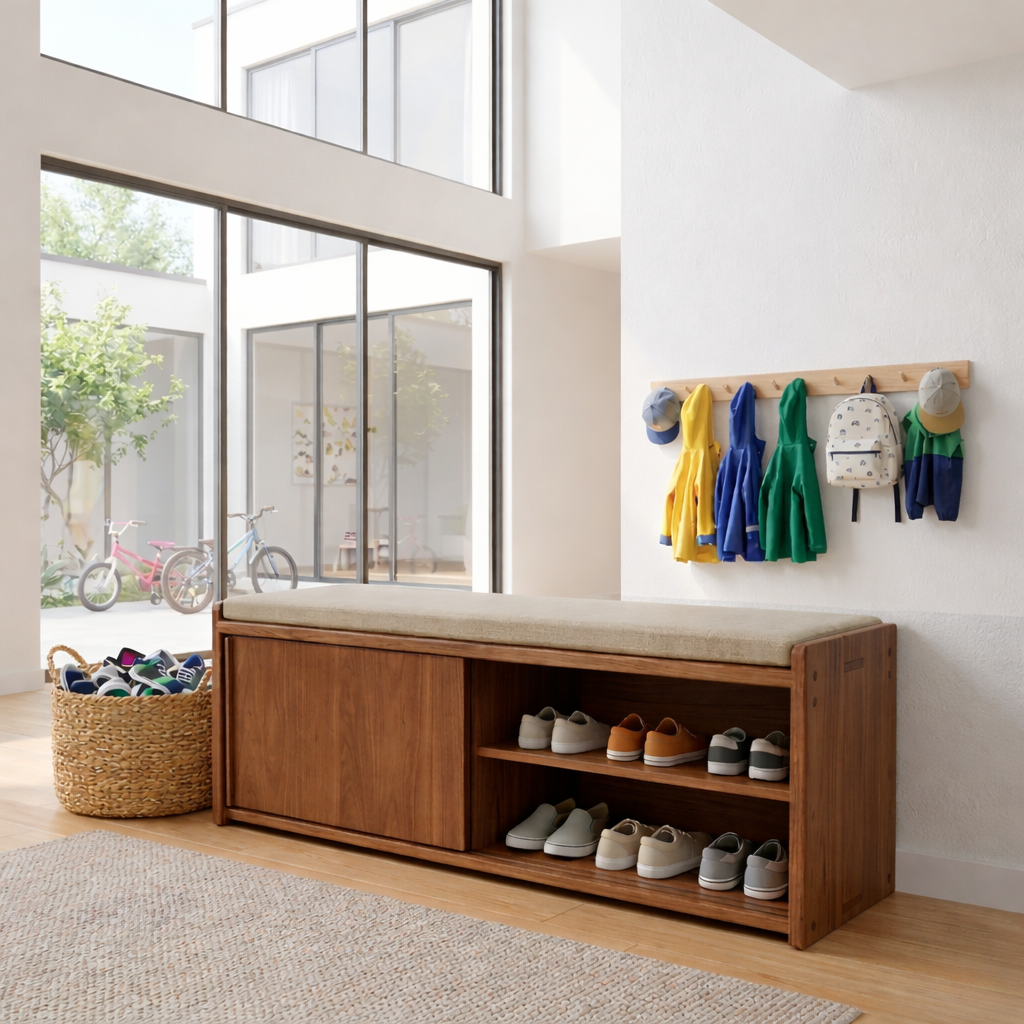 Solid Wood Shoe Storage Bench with Sliding Door & Open Shelf – Entryway Shoe Bench