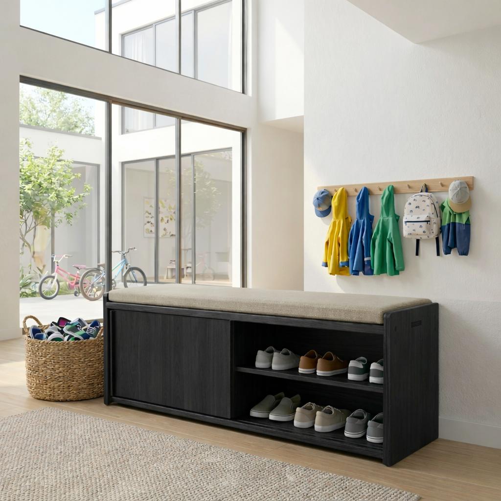 Solid Wood Shoe Storage Bench with Sliding Door & Open Shelf – Entryway Shoe Bench
