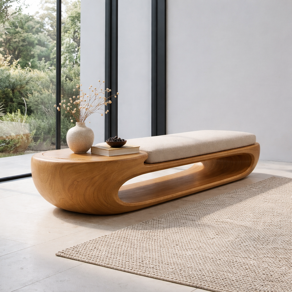 Organic Curved Solid Wood Entryway Bench with Sculptural Open Base Design