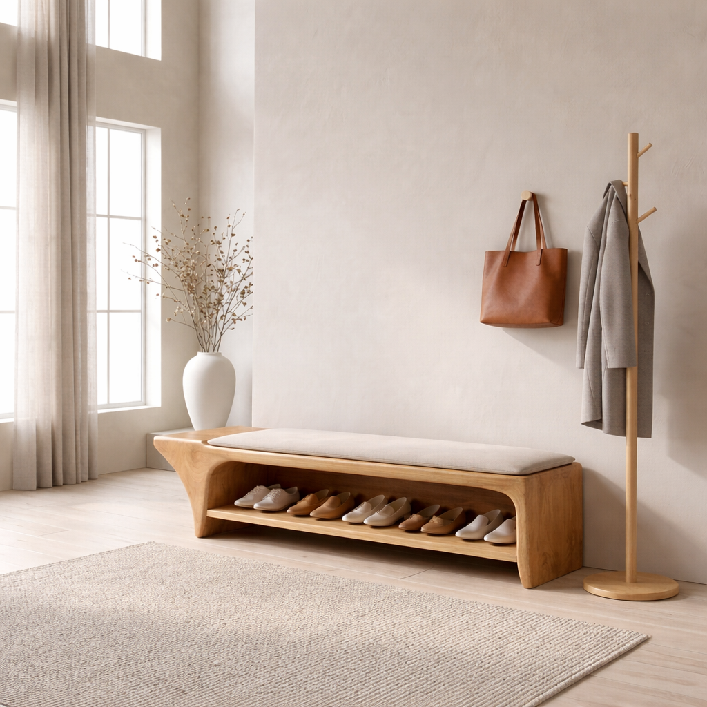 Curved Solid Wood Shoe Storage Bench with Open Shelf – Minimalist Entryway Bench
