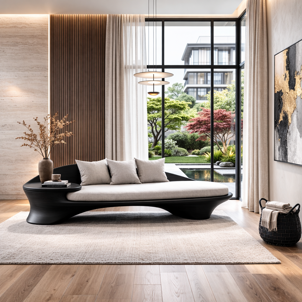 Curved Solid Wood Sofa with Integrated Side Table – Organic Modern Lounge Design