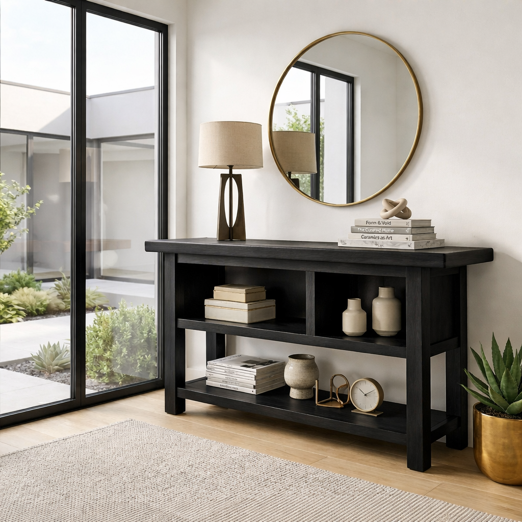 Solid Wood Console Table with Open Shelves – Modern Minimalist Entryway Display Table