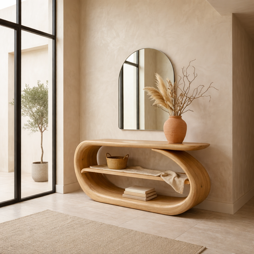Sculptural Solid Wood Console Table with Curved Base and Shelf – Modern Entryway Table