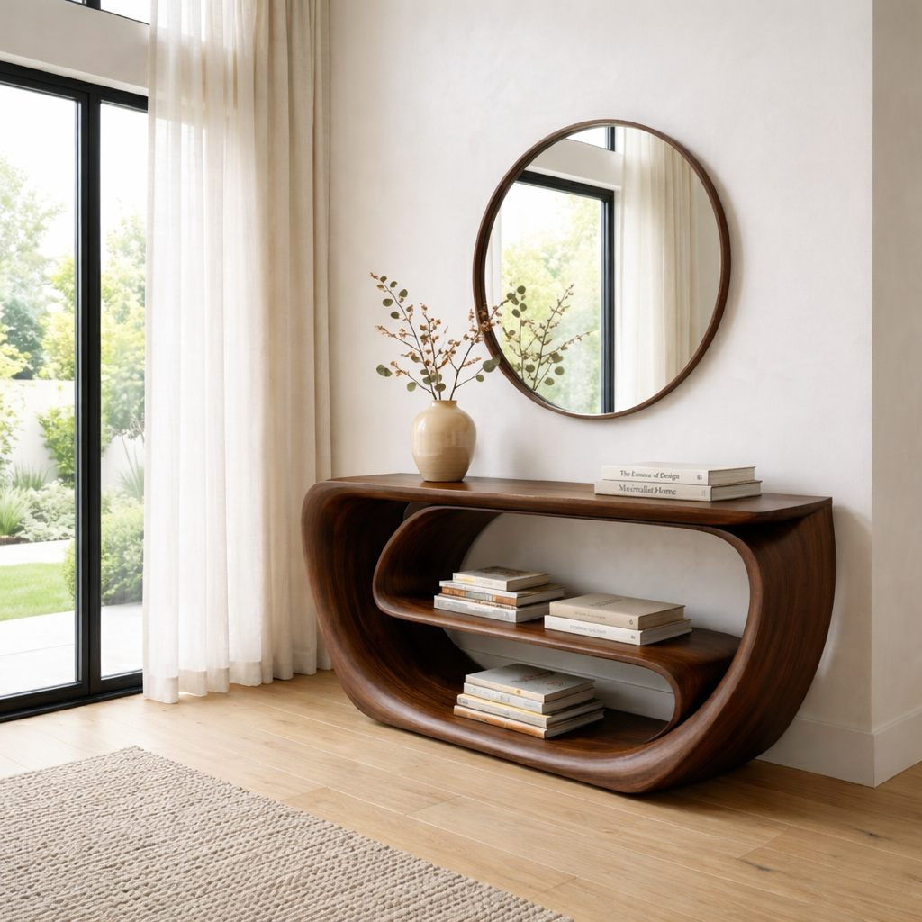Curved Solid Wood Console Table with Open Shelves – Sculptural Modern Entryway Table