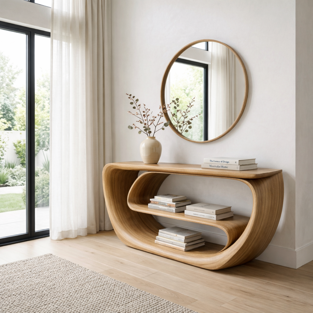 Curved Solid Wood Console Table with Open Shelves – Sculptural Modern Entryway Table