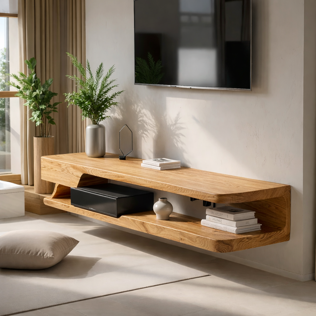 Solid Wood Floating TV Stand Modern Wall Mounted Media Console Shelf