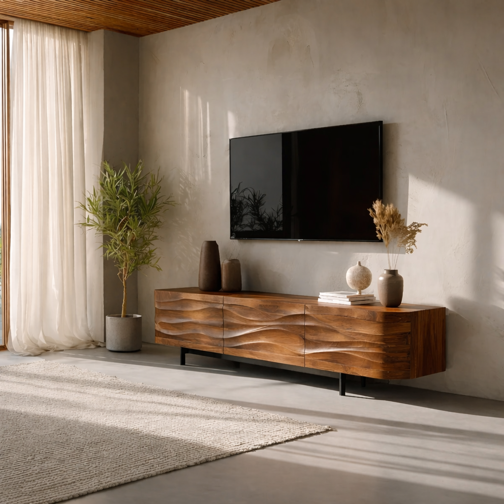 Solid Wood TV Stand Modern Walnut Media Console with Wave Front Design