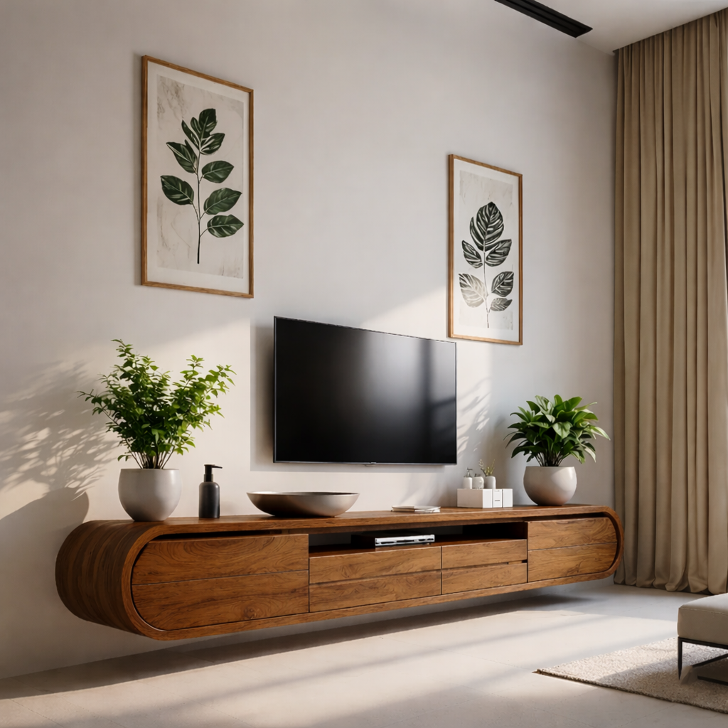 Solid Wood Floating TV Stand Modern Walnut Wall Mounted Media Console