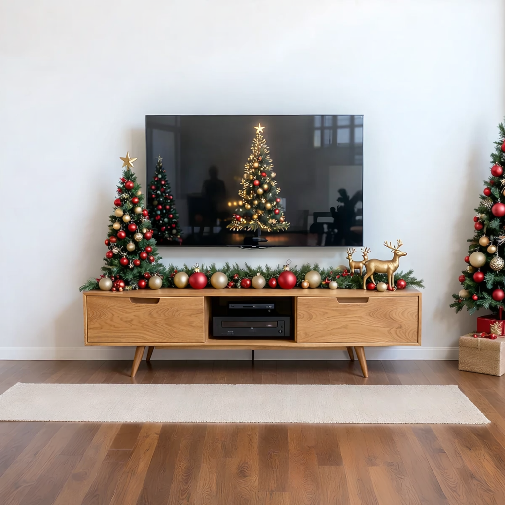 Solid Wood TV Stand Mid Century Walnut Media Console with Storage Cabinet