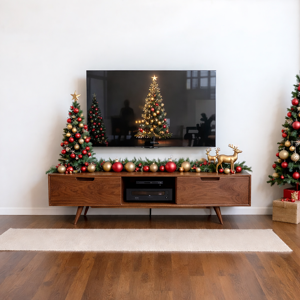 Solid Wood TV Stand Mid Century Walnut Media Console with Storage Cabinet