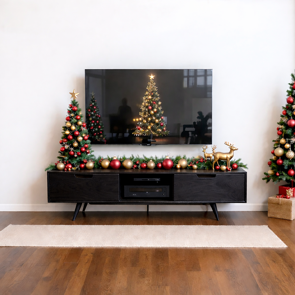 Solid Wood TV Stand Mid Century Walnut Media Console with Storage Cabinet