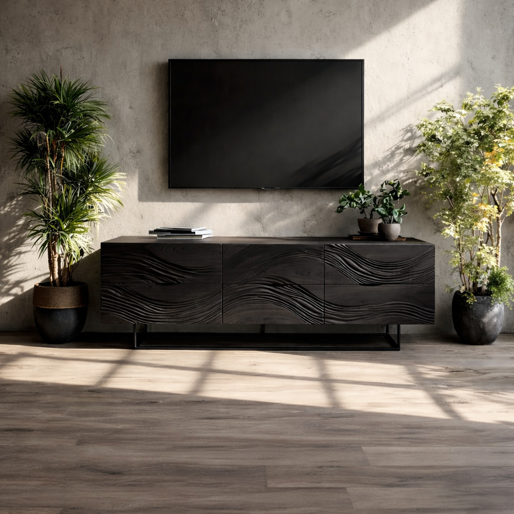 Solid Wood TV Stand Modern Walnut Media Console with Wave Design Storage