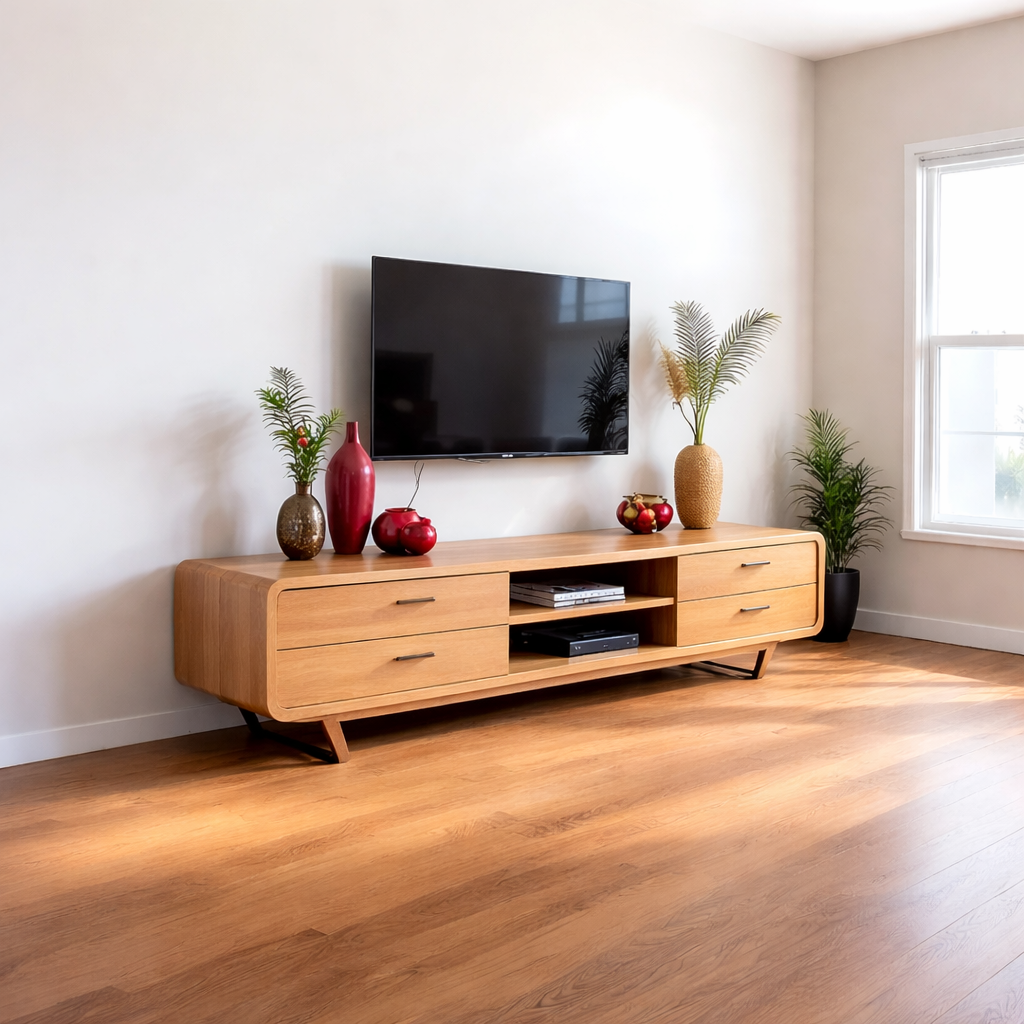 Solid Wood TV Stand Walnut Mid Century Modern Media Console with Storage