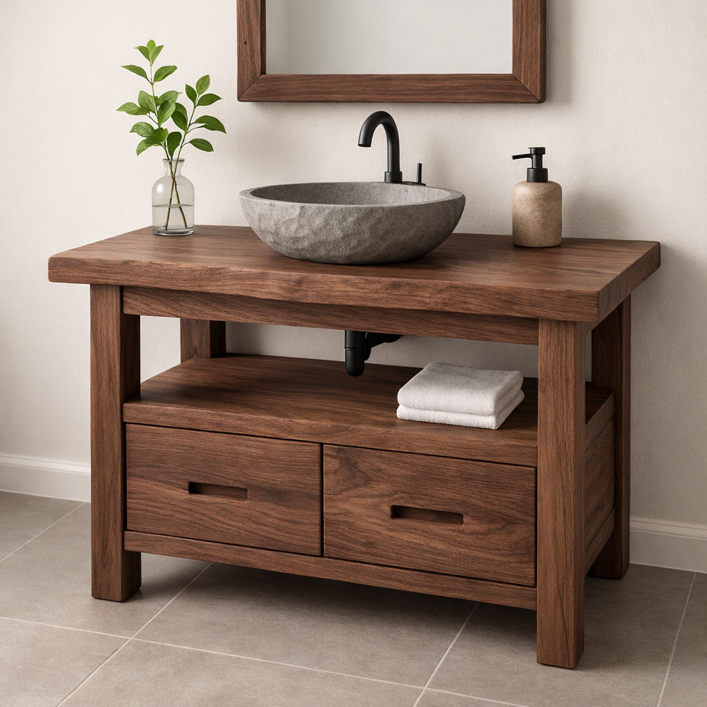 Solid Wood Bathroom Vanity Rustic Farmhouse Single Sink with Storage Drawers
