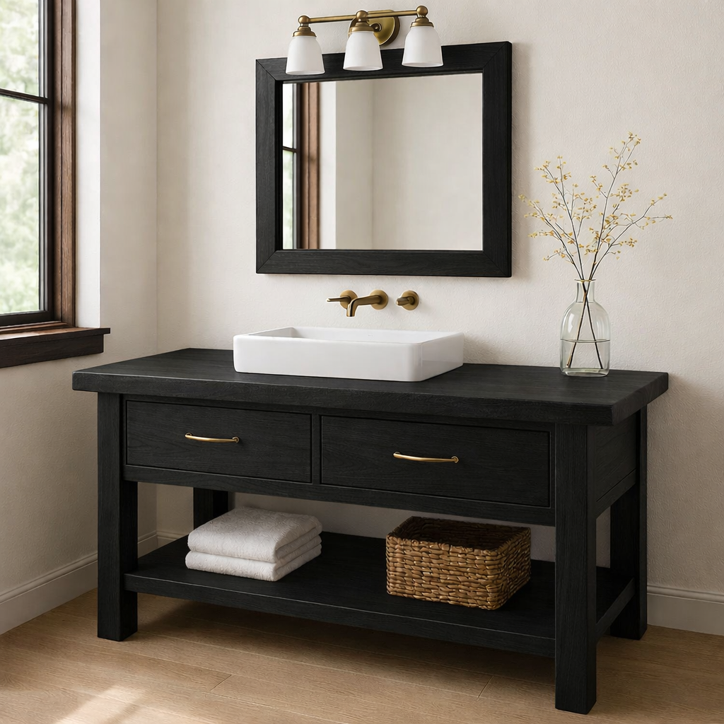 Solid Wood Bathroom Vanity Walnut Farmhouse Single Sink with Drawers and Shelf