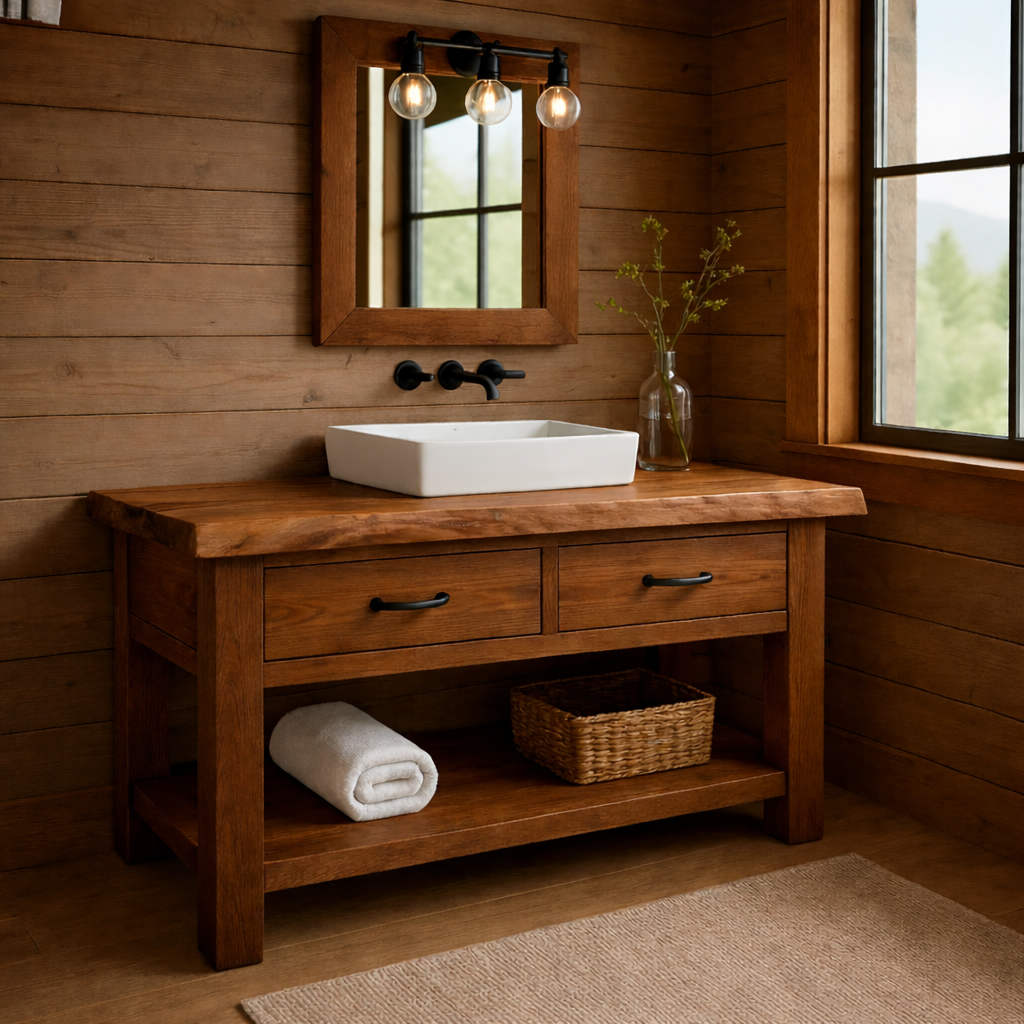 Solid Wood Bathroom Vanity Rustic Farmhouse Single Sink with Drawers and Shelf